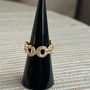 Adjustable Gold Link Chain Ring with Baguette Accents